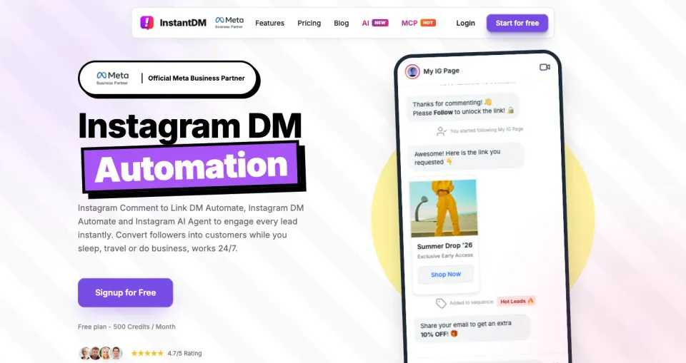 InstantDM homepage showing its product positioning and automation preview