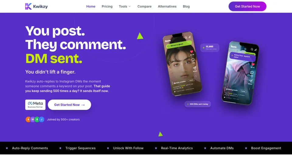 Kwikzy homepage showing its product positioning and automation preview