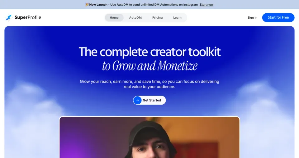 SuperProfile homepage showing its product positioning and automation preview