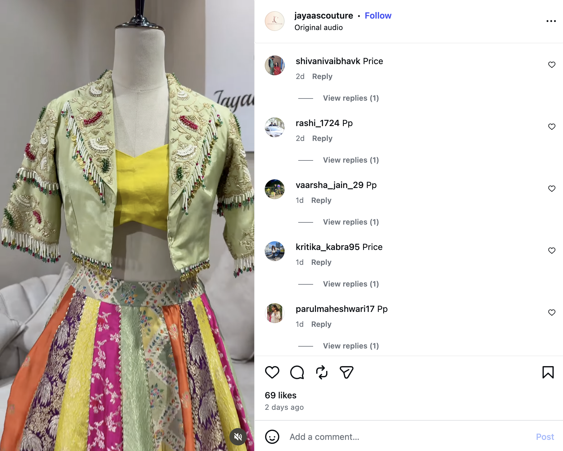 Jayaa's Couture Instagram outfit post with several visible comments saying Price or Pp.