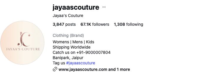 Jayaa's Couture public Instagram profile showing its clothing range, Jaipur shop location, and website.