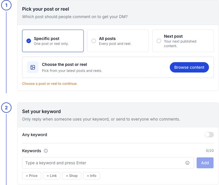 WinkSend comment automation builder with post selection and keyword controls