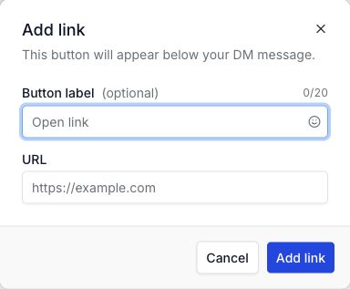 WinkSend Add link dialog with a button label and URL field