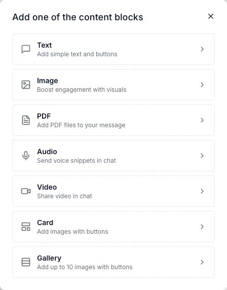 WinkSend message picker showing Text, Image, PDF, Audio, Video, Card, and Gallery