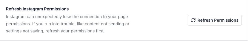 WinkSend Refresh Permissions control on the Instagram connection screen