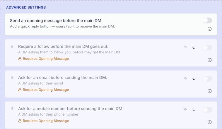 WinkSend advanced settings showing that email collection requires an opening message