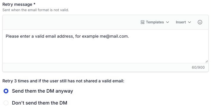 Email retry message and choices to send or stop the main DM after three failed attempts