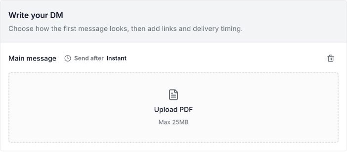 Empty PDF message block showing Upload PDF and the 25MB limit