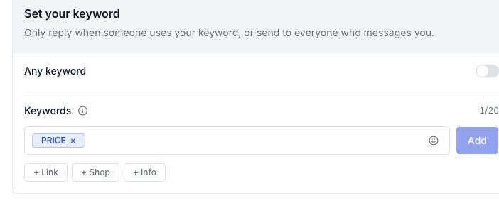 Direct message keyword settings with Any keyword off and PRICE added