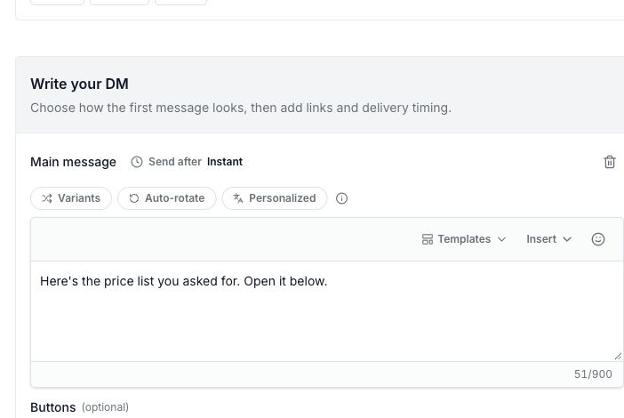 WinkSend main Text message with a short sample price-list reply