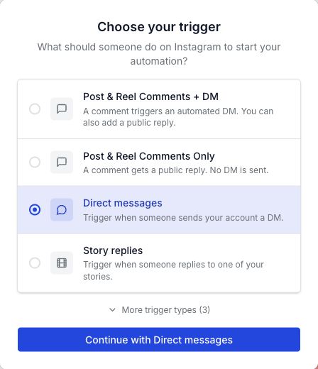 WinkSend trigger picker with Direct messages selected