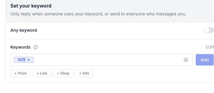 Story reply keyword settings with Any keyword off and SIZE added