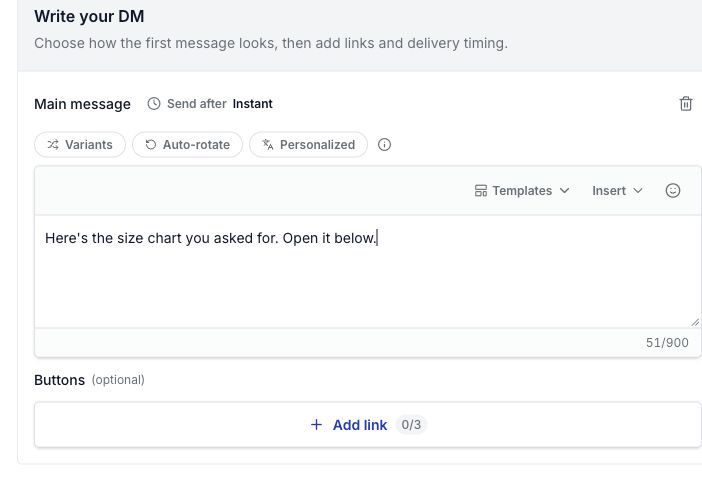 WinkSend Text editor with a sample size-chart reply and Add link control