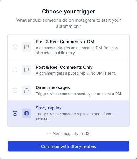 WinkSend trigger picker with Story replies selected