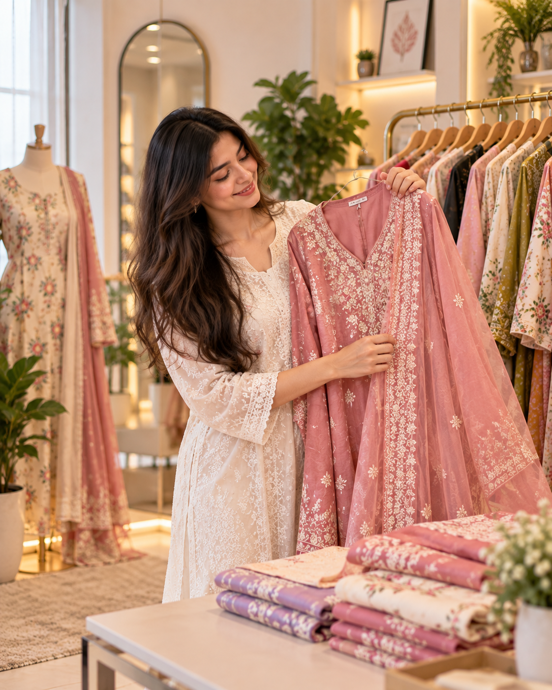 Fashion creator in her clothing studio