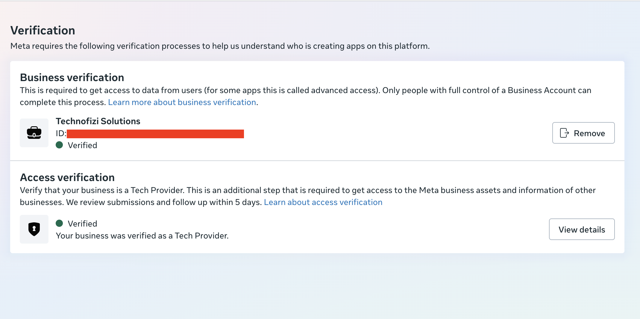 Meta dashboard showing Technofizi Solutions as Verified for business verification and access verification, with the message Your business was verified as a Tech Provider. The business ID is hidden.
